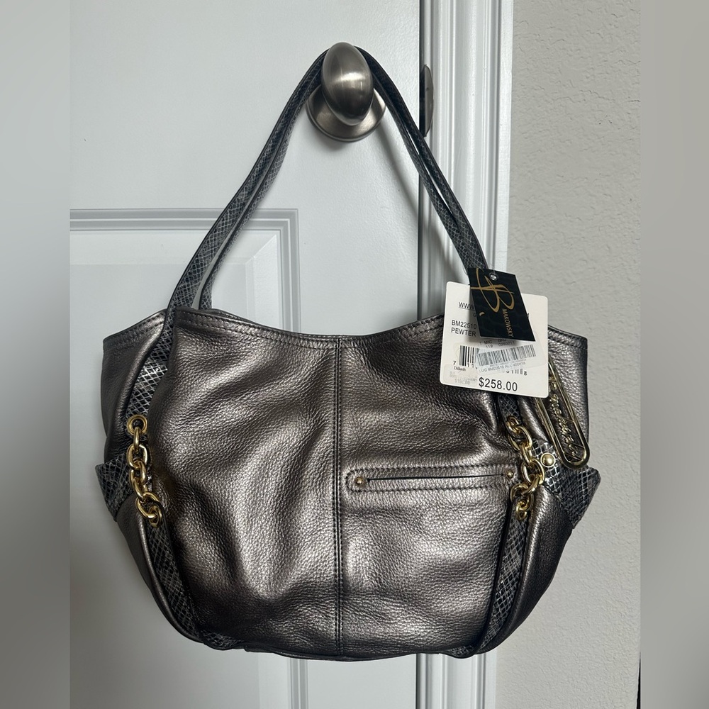 B. Makowsky large leather Metallic Silver Hobo Shoulder bag | New With Tag